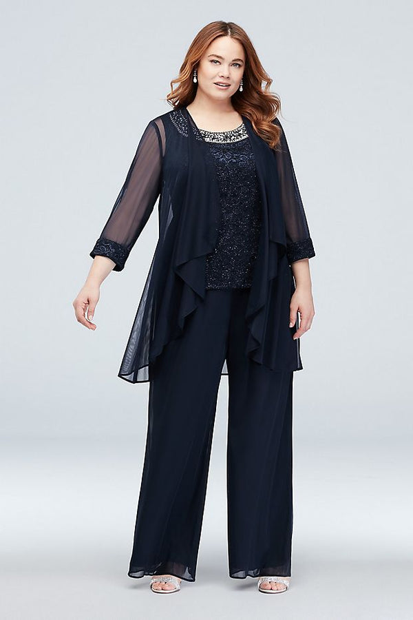 Mother of The Bride Dress  Plus Size Waterfall Glitter Lace Chiffon Plus Size Set 3pcs Suit  Jacket Top and Pant