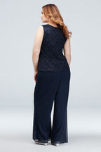 Mother of The Bride Dress  Plus Size Waterfall Glitter Lace Chiffon Plus Size Set 3pcs Suit  Jacket Top and Pant
