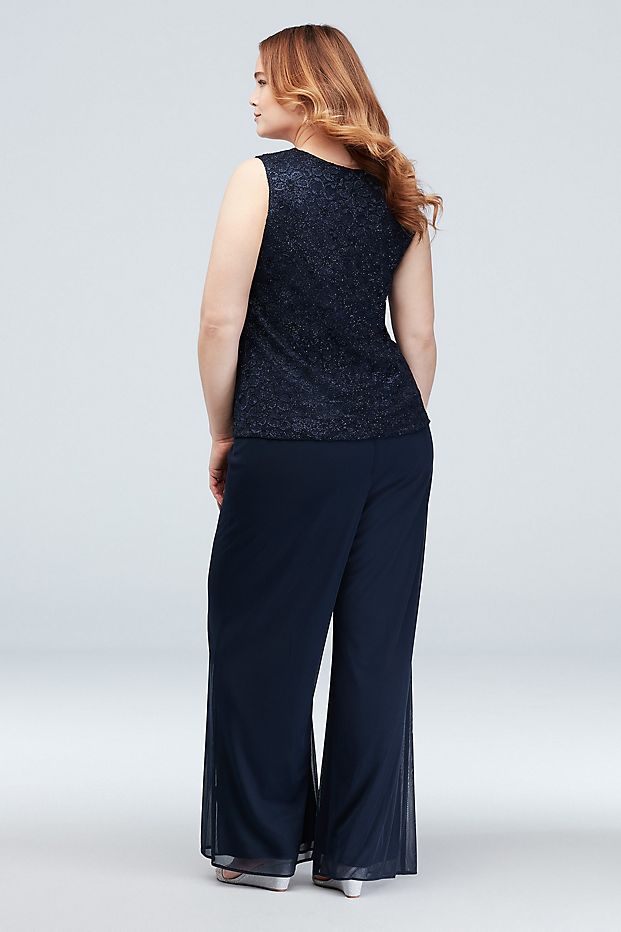 Mother of The Bride Dress  Plus Size Waterfall Glitter Lace Chiffon Plus Size Set 3pcs Suit  Jacket Top and Pant
