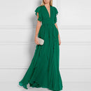 Royal Sister Goddess Fan V-neck Dress Heavy Industry Ruffled Slim Dress Skirt High Sense of High Green Long Skirt  Dress