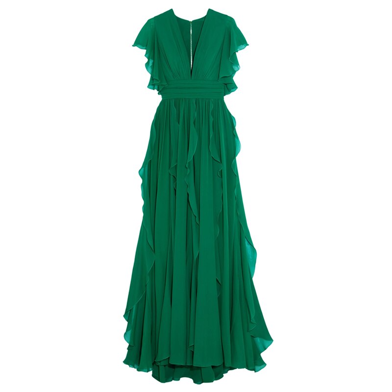 Royal Sister Goddess Fan V-neck Dress Heavy Industry Ruffled Slim Dress Skirt High Sense of High Green Long Skirt  Dress