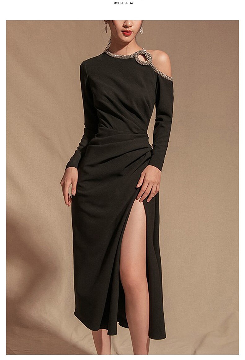 Sexy Strapless Evening Dress  Dress Skirt Female Banquet Slim Temperament Mid-length Split Dress