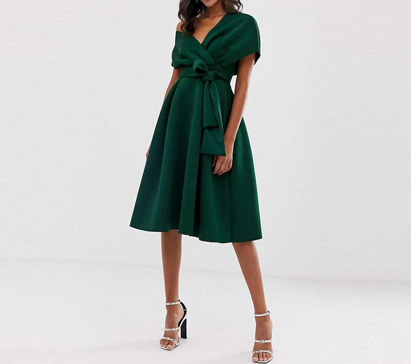 V-neck Strapless Lace-up High-waisted Ladies' Temperament Elegant and Elegant Pure Color Dark Green Dress Women Dress