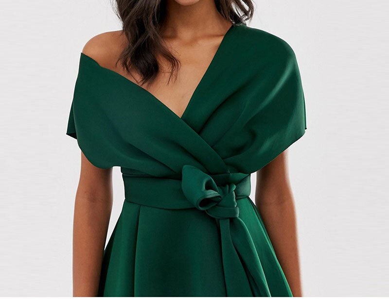 V-neck Strapless Lace-up High-waisted Ladies' Temperament Elegant and Elegant Pure Color Dark Green Dress Women Dress