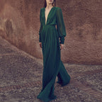 Vacation V-neck Hakama New Drape Jumpsuit Female Temperament Advanced Wide-leg Jumpsuit High Waist Thin Long Section  Dress