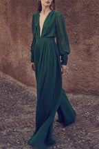 Vacation V-neck Hakama New Drape Jumpsuit Female Temperament Advanced Wide-leg Jumpsuit High Waist Thin Long Section  Dress