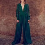 Vacation V-neck Hakama New Drape Jumpsuit Female Temperament Advanced Wide-leg Jumpsuit High Waist Thin Long Section  Dress