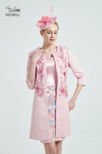 China Tailor  Custom Made Formal Wedding Guest Dress Mother of The Bride Dress   Pink Jacket Evening Gown with Sleeves