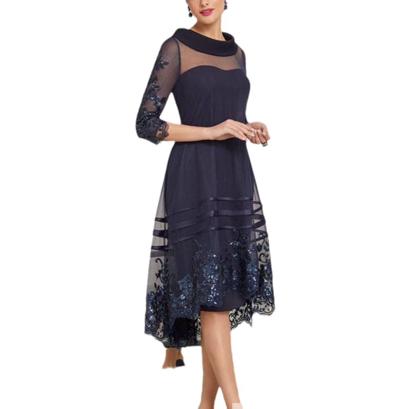custom made navy blue mesh dress mother of the bride dress wedding dress mother mother of bride outfit fold neck mesh dress