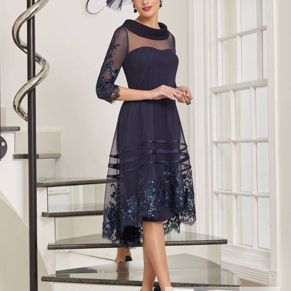 custom made navy blue mesh dress mother of the bride dress wedding dress mother mother of bride outfit fold neck mesh dress