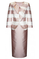 pink mikado with a tubed cut to the knee with V neckline dress Two-tone white pink striped jacket with original ruffle closure.