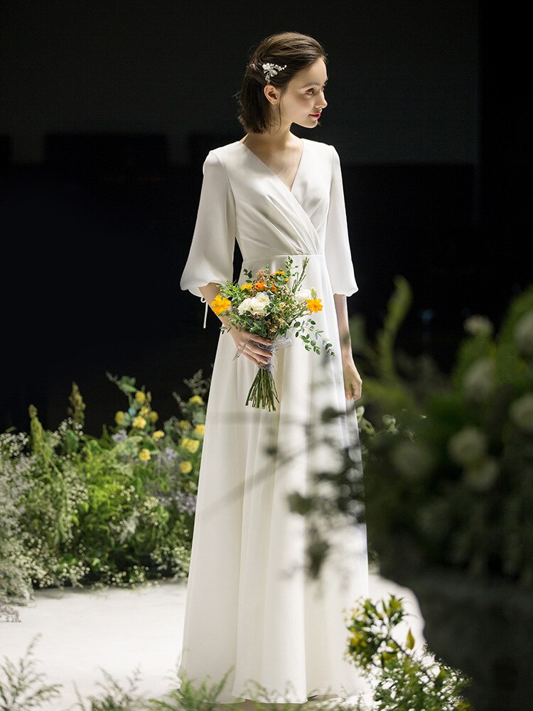 pure silk satin light wedding dress new Hepburn simple bride female French wedding dress tailor shop  customization dress