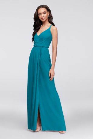 tailor shop  Double-Strap Long Georgette Bridesmaid Wrap Dress wrap arouond dress for wedding party sedona oasis teal blue color