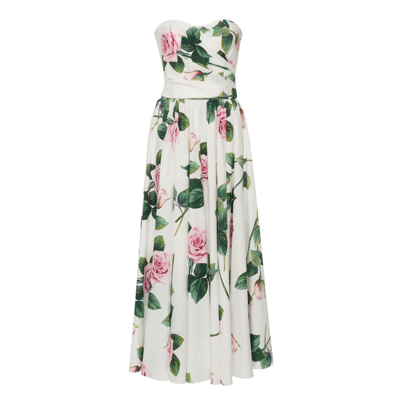 Tailor Shop Light Luxury Design Sense Off-shoulder Printed Tube Top Dress One-neck Dress Skirt Rose Flower Sexy Long Skirt Dress