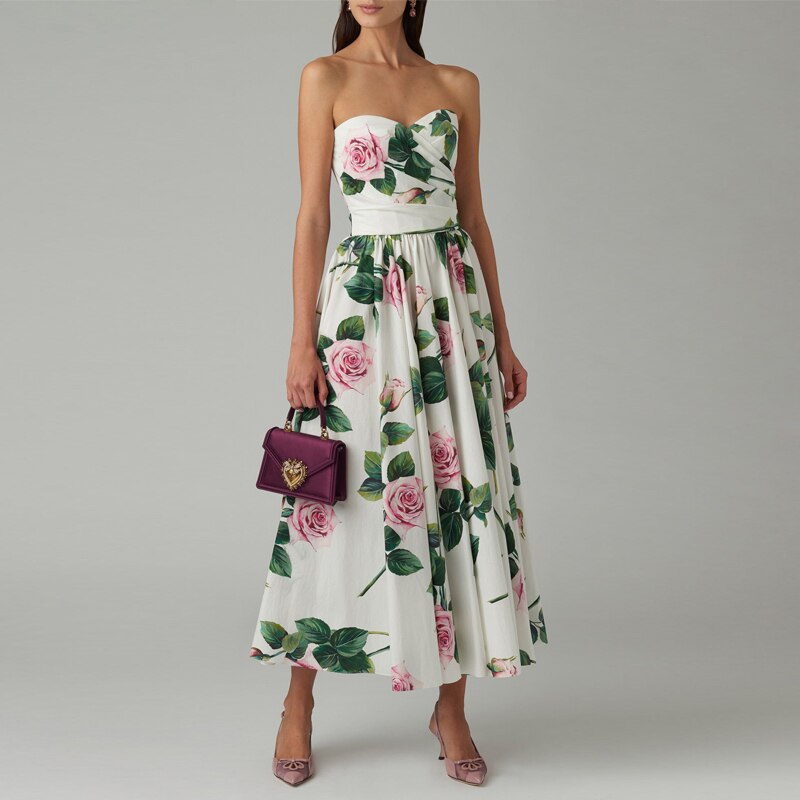 tailor shop Light Luxury Design Sense Off-shoulder Printed Tube Top Dress One-neck Dress Skirt Rose Flower Sexy Long Skirt Dress