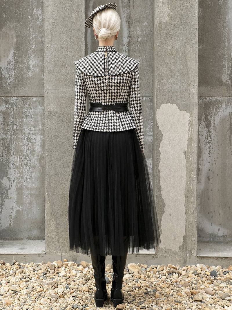 tailor shop Retro Slim and thin dark brown houndstooth winter female light luxury top and skirt Semi-Formal Dresses