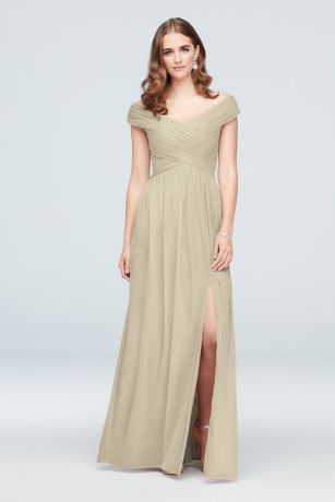 tailor shop custom made Crisscross Off-the-Shoulder Mesh Bridesmaid Dress iris petal pink champagne color plus size dress