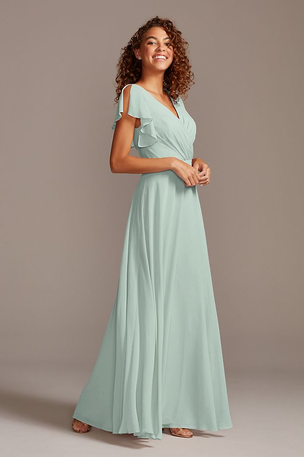 tailor shop custom made Flutter Sleeve Full Skirt Bridesmaid Dress dusty sage teal blue juniper sandy color bridesmaid dress
