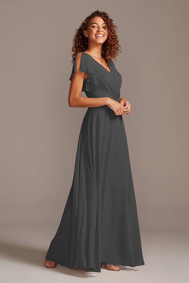 Tailor Shop Custom Made Flutter Sleeve Full Skirt Bridesmaid Dress Purple Desert Coral Iris Dark Grey Color Bridesmaid Dress
