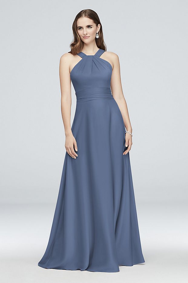 tailor shop custom made High-Neck Satin Crepe Bridesmaid Dress quartz steel blue marine wisteria color bridesmaid dress