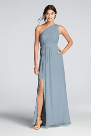 Tailor Shop Custom Made Long One-Shoulder Crinkle Chiffon Dress Biscotti Dusty Sage Dusty Blue Champagne Color Bridesmaid Dress