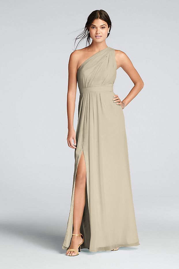 Tailor Shop Custom Made Long One-Shoulder Crinkle Chiffon Dress Biscotti Dusty Sage Dusty Blue Champagne Color Bridesmaid Dress