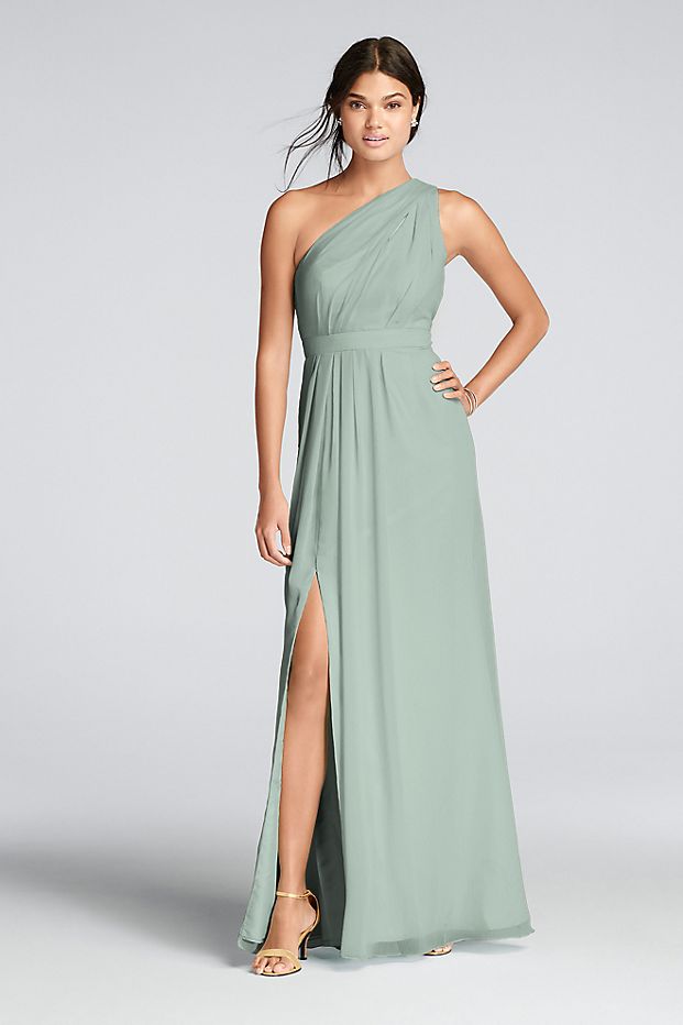 Tailor Shop Custom Made Long One-Shoulder Crinkle Chiffon Dress Biscotti Dusty Sage Dusty Blue Champagne Color Bridesmaid Dress