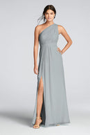tailor shop custom made Long One-Shoulder Crinkle Chiffon Dress mystic pewter mint portobello mercury color bridesmaid dress