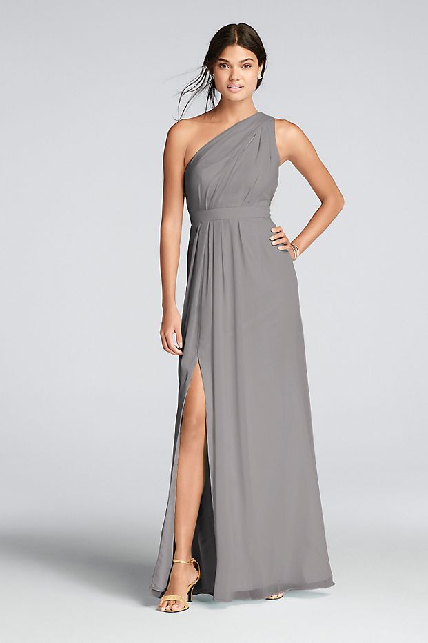 Tailor Shop Custom Made Long One-Shoulder Crinkle Chiffon Dress Mystic Pewter Mint Portobello Mercury Color Bridesmaid Dress