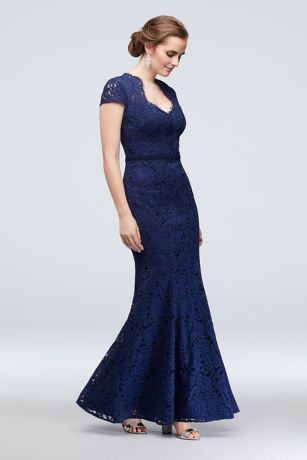 tailor shop custom made Mother of the dress Cap Sleeve Lace Gown with Notch Neckline blue llace dress