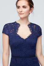 tailor shop custom made Mother of the dress Cap Sleeve Lace Gown with Notch Neckline blue llace dress
