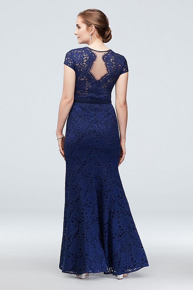 tailor shop custom made Mother of the dress Cap Sleeve Lace Gown with Notch Neckline blue llace dress