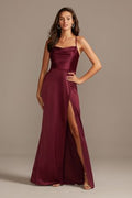 tailor shop custom made Shiny Charmeuse Cowl Neck Slip Dress with Slit  burgundy bridesmaid dresses wedding party dress
