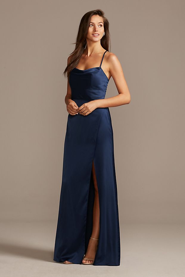 tailor shop custom made Shiny Charmeuse Cowl Neck Slip Dress with Slit  burgundy bridesmaid dresses wedding party dress