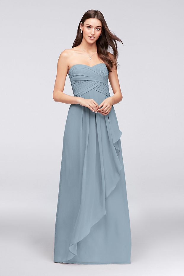 tailor shop custom made Strapless Crinkle Chiffon Dress with Cascade Skirt marigold dusty blue steal blue color bridesmaid dress
