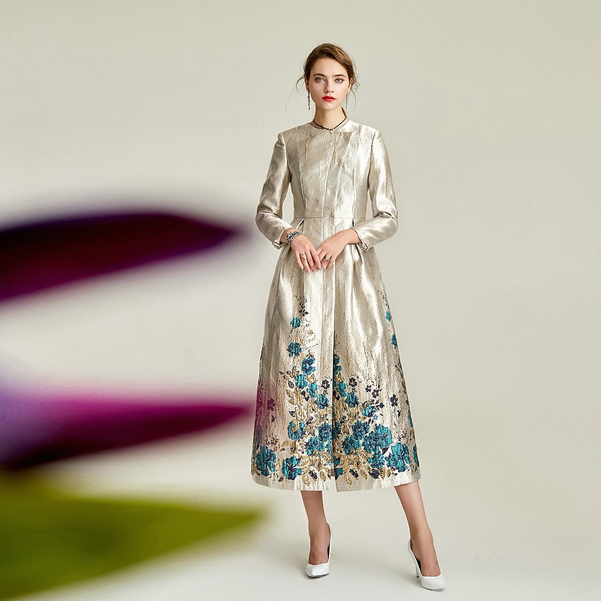 tailor shop custom made dress coat mid-length slim banquet brocade dress mother of the bride dresses plus size  jacquard coat