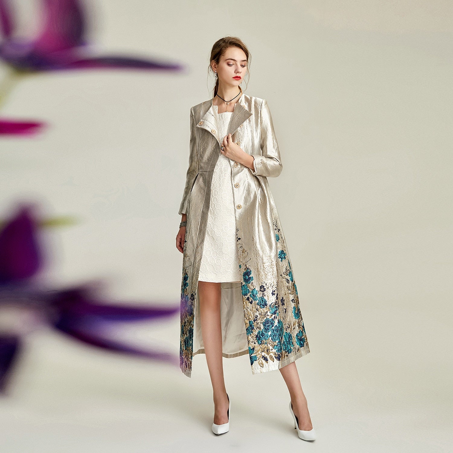tailor shop custom made dress coat mid-length slim banquet brocade dress mother of the bride dresses plus size  jacquard coat