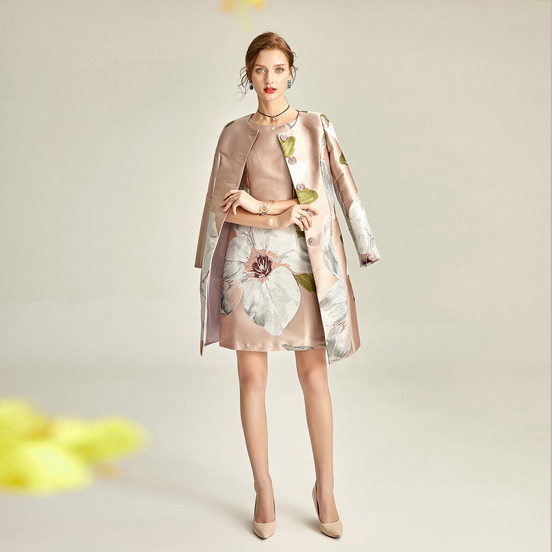 tailor shop custom made pink big flower jacquard weaving temperament brocade long coat  mother of the bride outfit for weddings