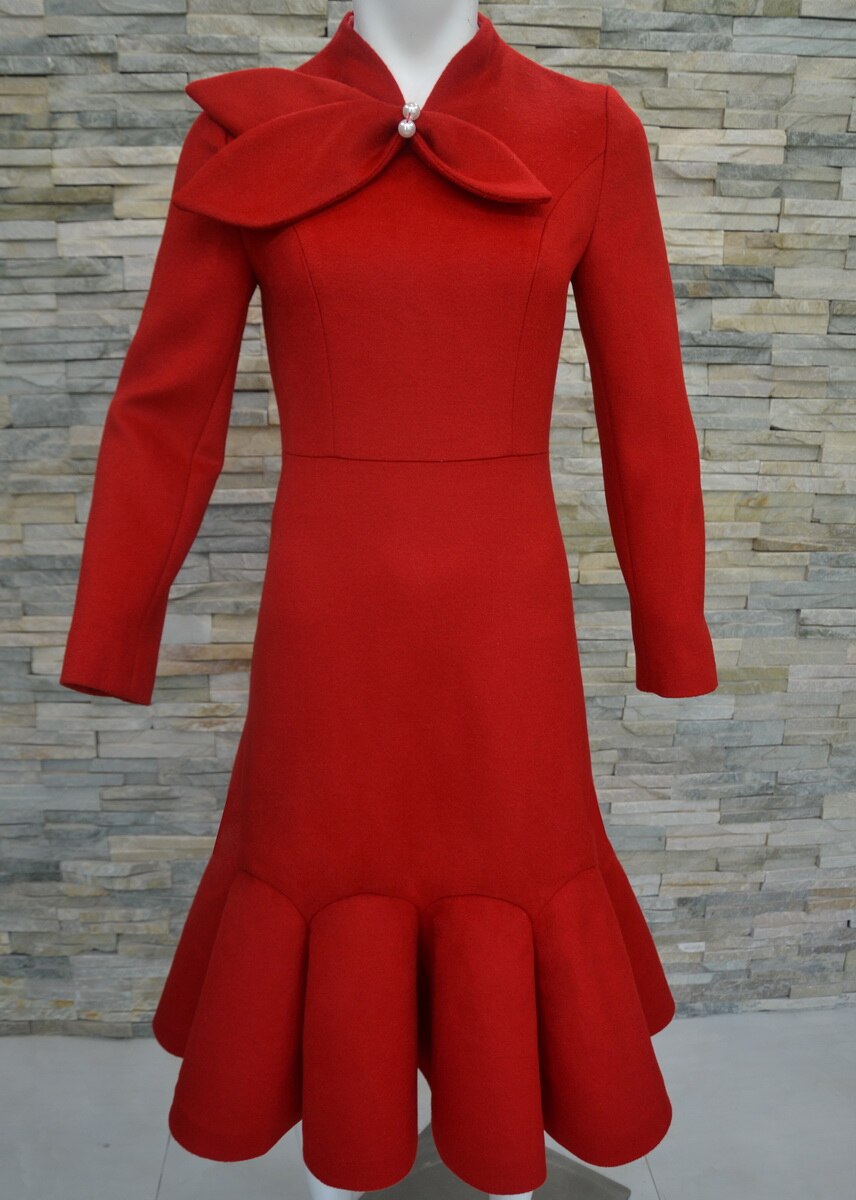 Tailor Shop Light Red Wool Dress Retro Slim  Female Light Luxury Dress Semi-Formal Dresses
