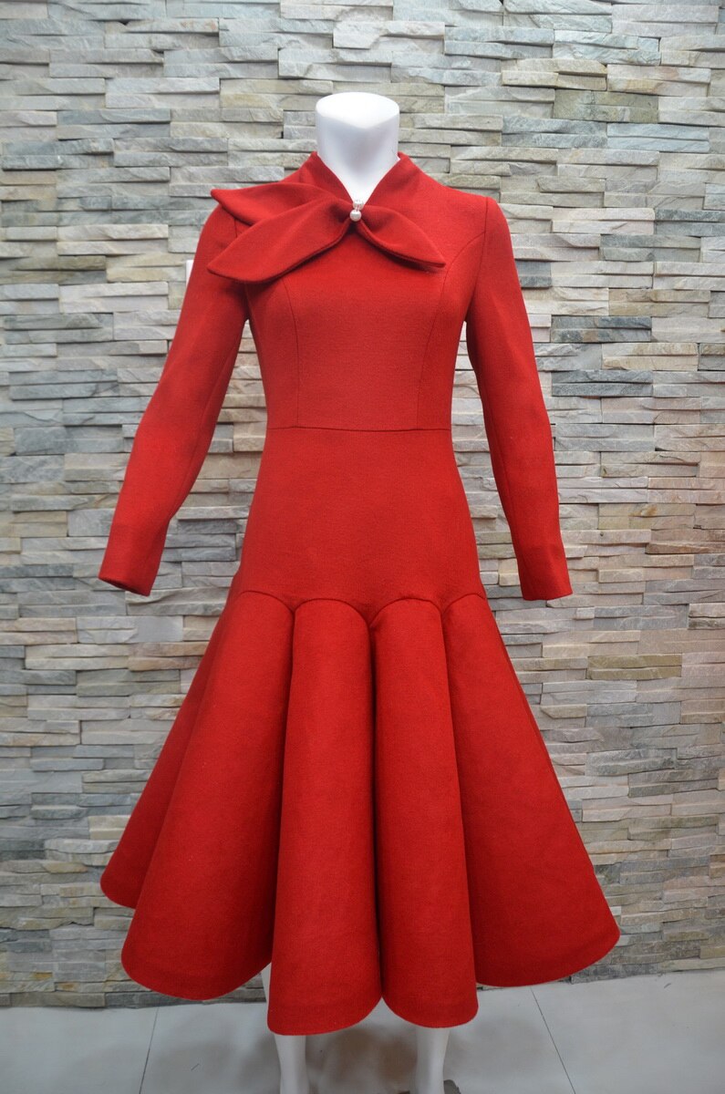 Tailor Shop Light Red Wool Dress Retro Slim  Female Light Luxury Dress Semi-Formal Dresses