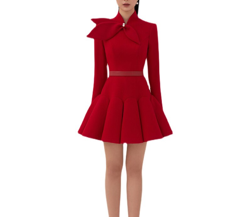 Tailor Shop Light Red Wool Dress Retro Slim  Female Light Luxury Dress Semi-Formal Dresses