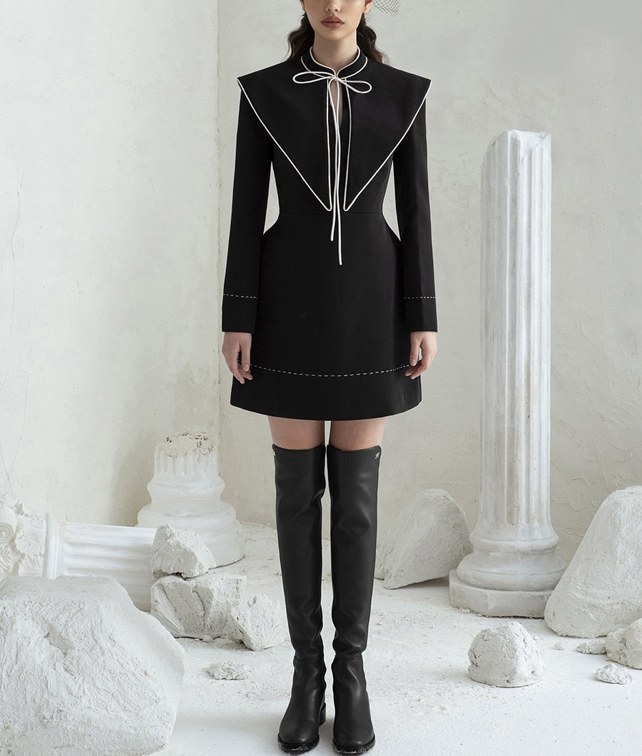 Tailor Shop Little Black Dress Retro Slim and Thin Black Female Light Luxury Dress Semi-Formal Dresses Black with White Trim