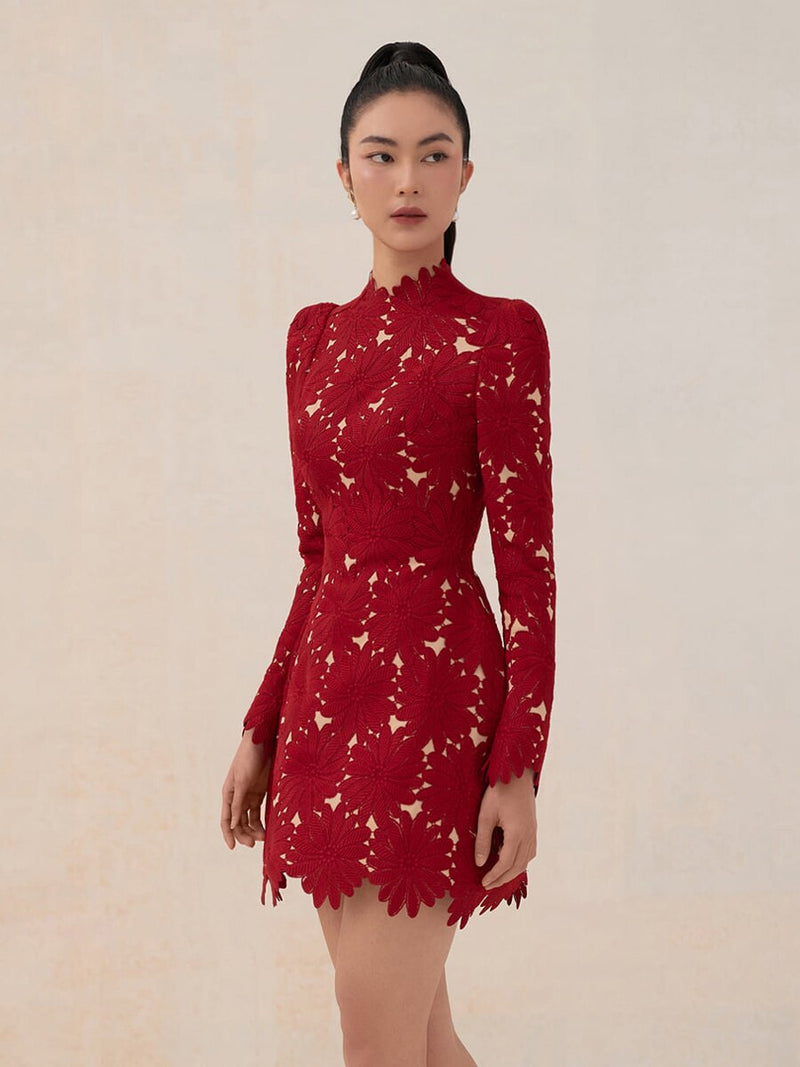 Tailor Shop Little Red Lace Dress Female Luxury Dress Semi-Formal Dresses Princess Dress Red Dress with Nude Color Lining Dress