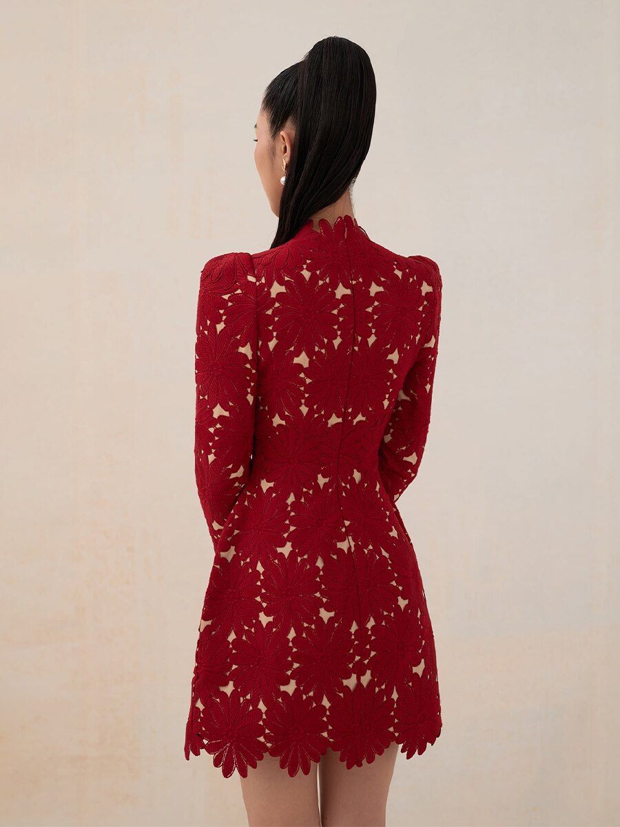 Tailor Shop Little Red Lace Dress Female Luxury Dress Semi-Formal Dresses Princess Dress Red Dress with Nude Color Lining Dress