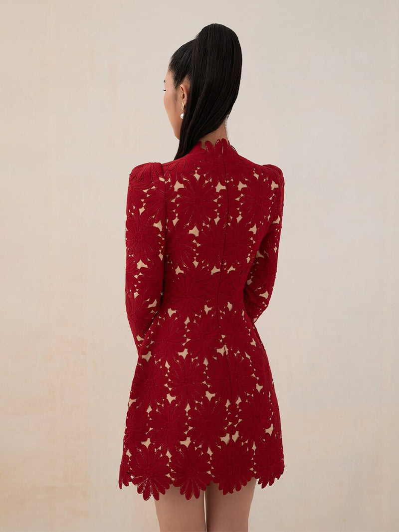 Tailor Shop Little Red Lace Dress Female Luxury Dress Semi-Formal Dresses Princess Dress Red Dress with Nude Color Lining Dress