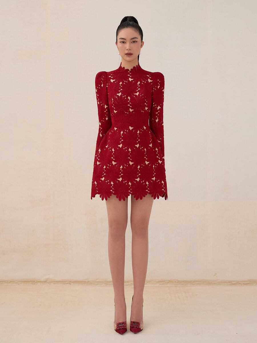 Tailor Shop Little Red Lace Dress Female Luxury Dress Semi-Formal Dresses Princess Dress Red Dress with Nude Color Lining Dress