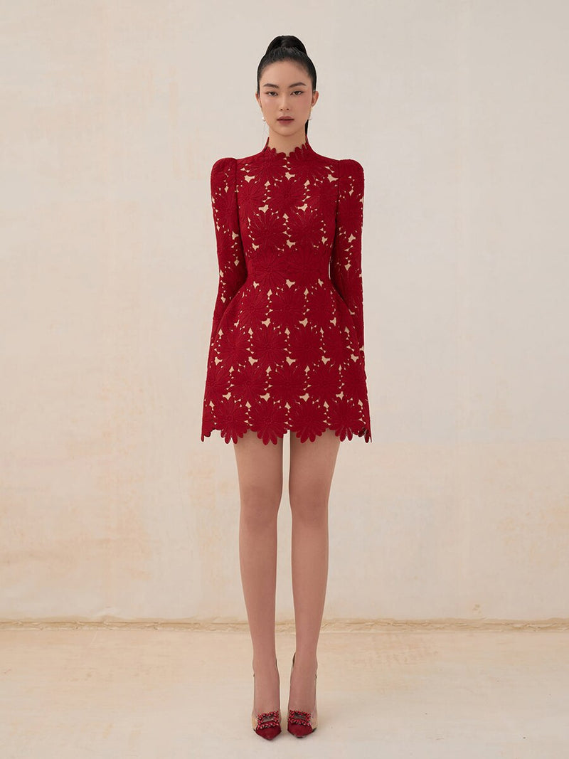 Tailor Shop Little Red Lace Dress Female Luxury Dress Semi-Formal Dresses Princess Dress Red Dress with Nude Color Lining Dress