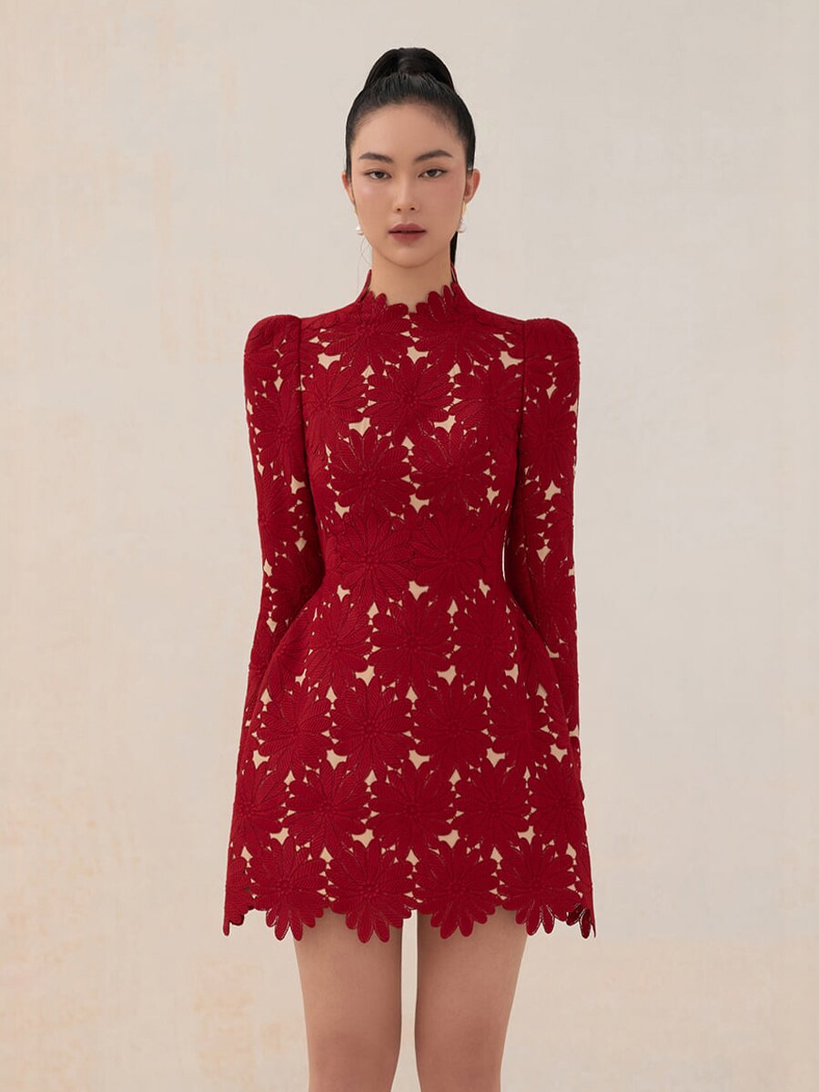 Tailor Shop Little Red Lace Dress Female Luxury Dress Semi-Formal Dresses Princess Dress Red Dress with Nude Color Lining Dress