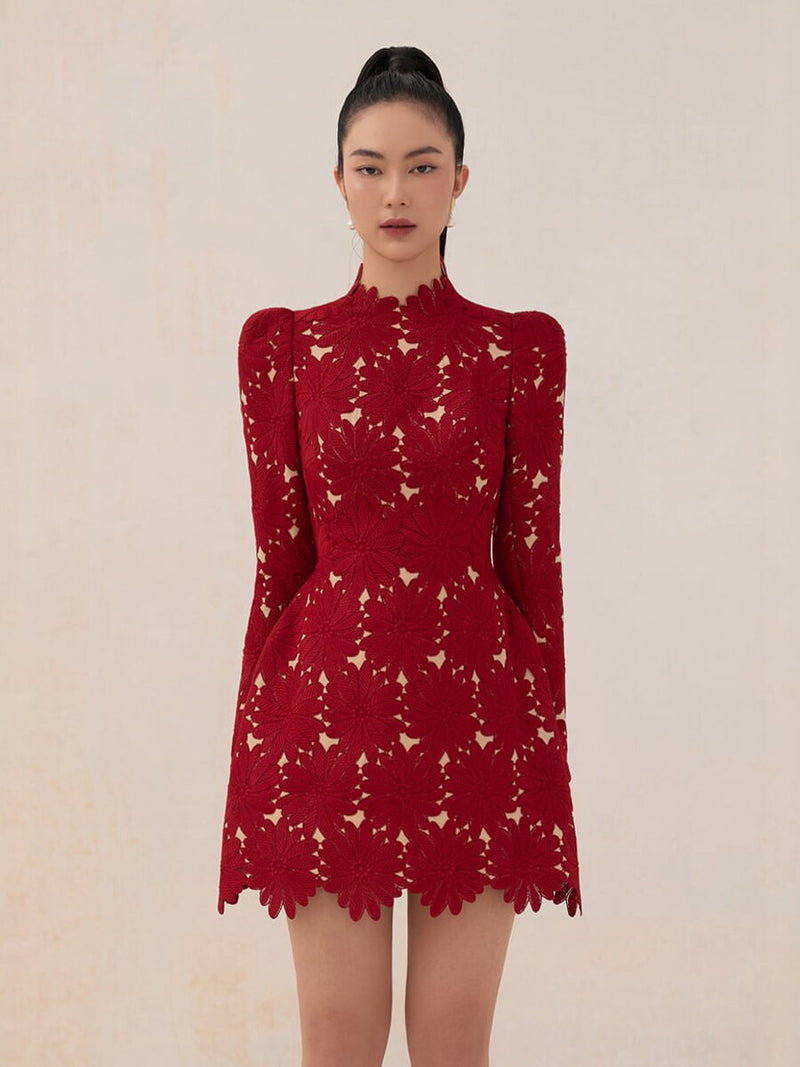 Tailor Shop Little Red Lace Dress Female Luxury Dress Semi-Formal Dresses Princess Dress Red Dress with Nude Color Lining Dress