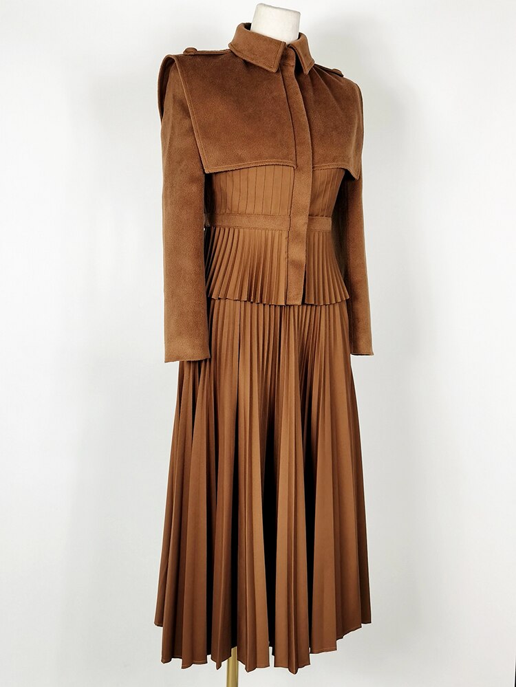 Tailor Shop Pleated Top Skirt Outfit Brown Wool Cashmere Suit Dresses for Formal Occasion Fall Winter Outfit Formal Occasion Fall Winter Outfits Pleated Dress for Women Pleated Dress for Women Plus Size